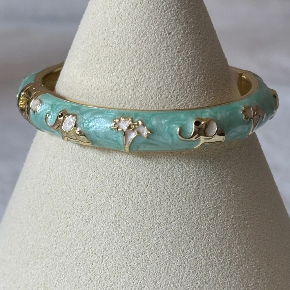 NEW Elephant AAA CZ Enamel Girls Hinge Bangle Bracelet 18k Gold Filled